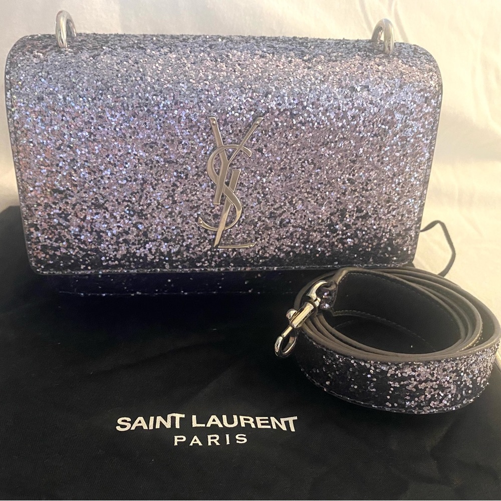 Saint Laurent Glitter Crossbody Bag in Silver Lilac